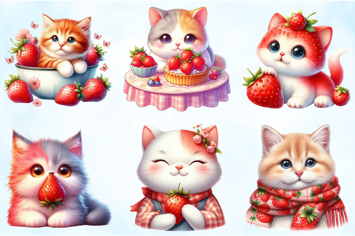 Strawberry Cat Clipart Sublimation, an Illustration by Craft Nest (Photo 5 of 5)