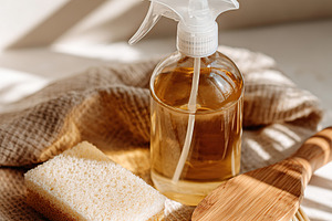 Set of cleaning tools arranged on a textured surface in natural light, a Photo by AlyaAnd
