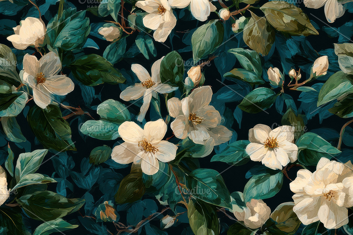 Moody Teal Jasmine Seamless Pattern, a Pattern Graphic by Virgo Studio