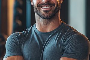 Strong man smiles in modern gym, a Photo by Beautiful things
