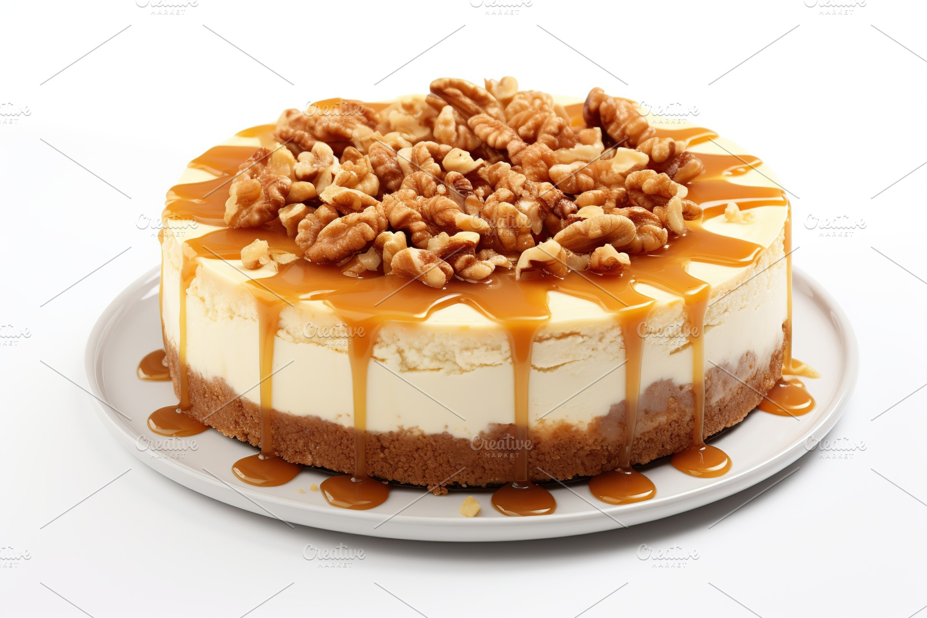 Cheesecake with caramel and nuts on white background, a Food & Drink Photo by AlyaAnd