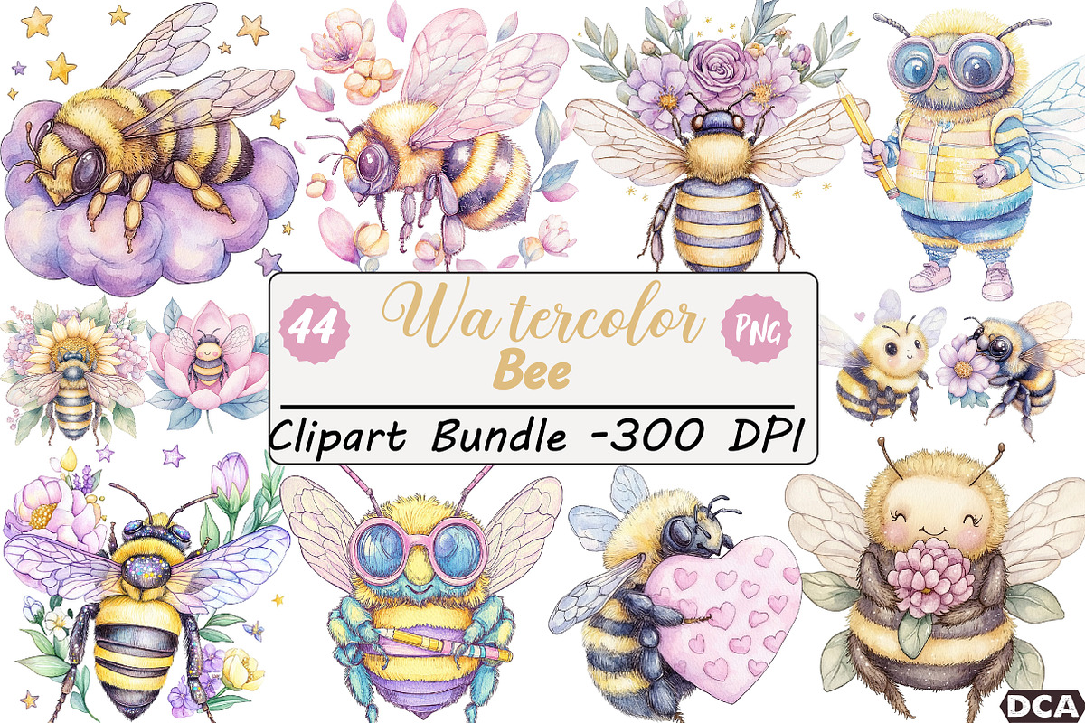 Watercolor  Bee  Clipar, an Illustration by DreamCafeArt (Photo 1 of 9)