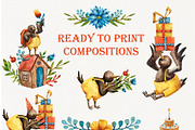 Bird's Birthday - Watercolor Clipart, an Animal Illustration by Mashamashastu (Thumbnail 6 of 12)