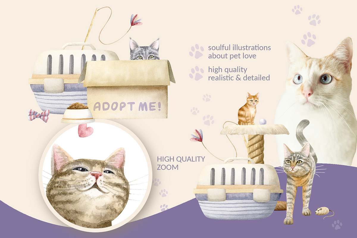 Cats Funny Toys Watercolor Clip art, an Animal Illustration by Elena Malgina Clipart (Photo 8 of 19)