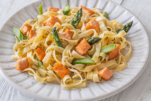 Healthy Fettuccine Pasta With Salmon And Fresh Asparagus Mediter, a Food & Drink Photo by Alexander Prokopenko