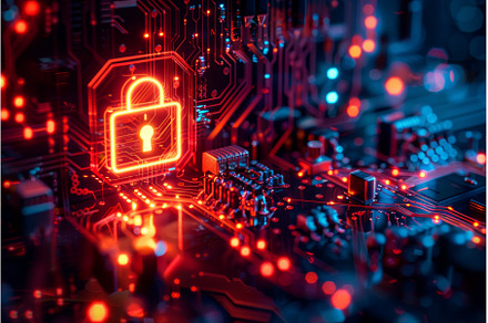 glowing padlock on a digital circuit, a Technology Photo by Neirfy