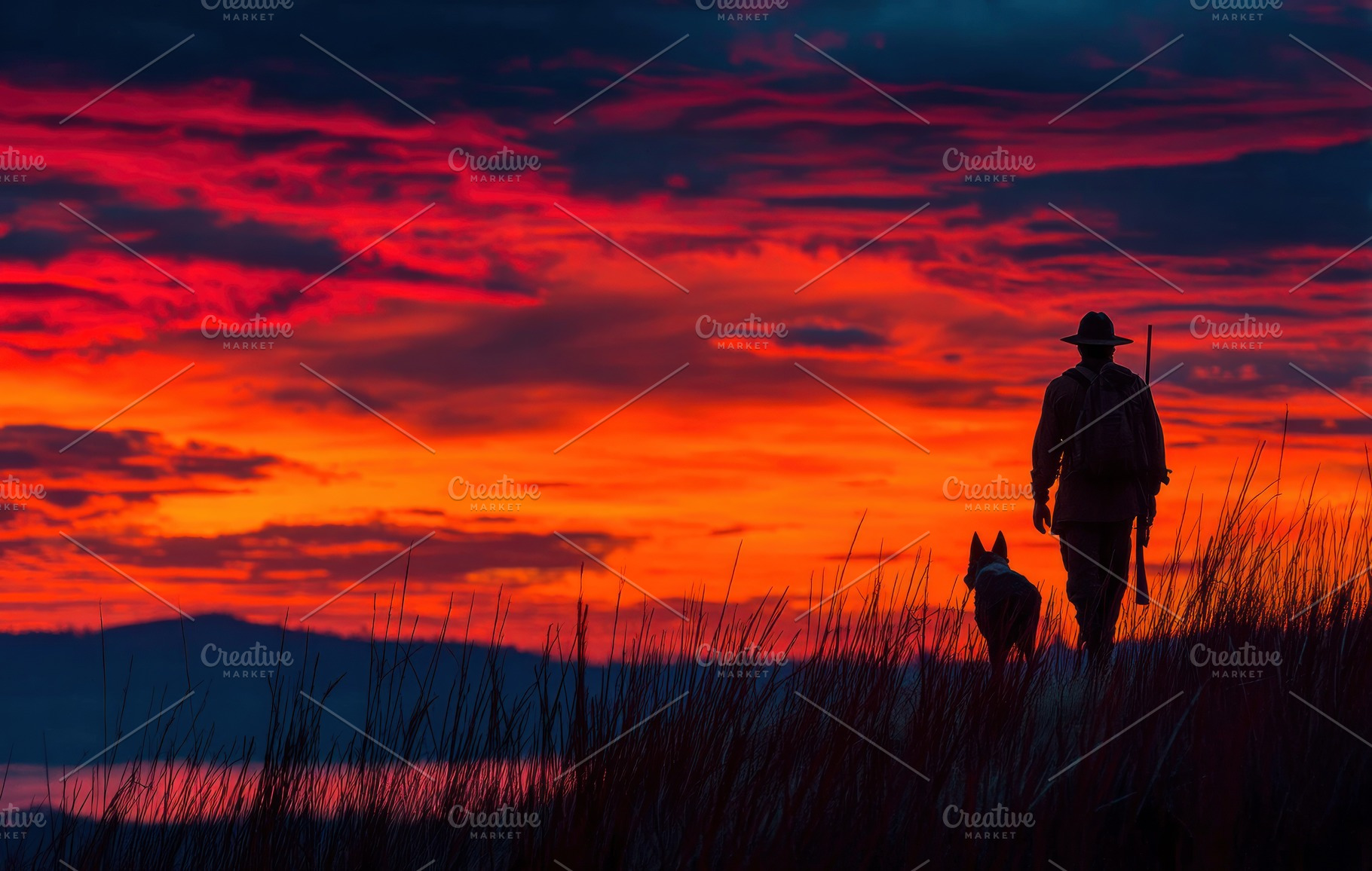 Hunter walking with dog through tall grass at sunset under drama, a Person Photo by José Manuel Gelpi
