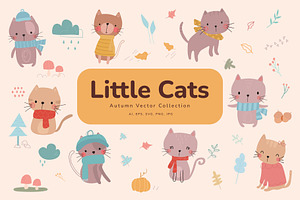 Little cats autumn vector set