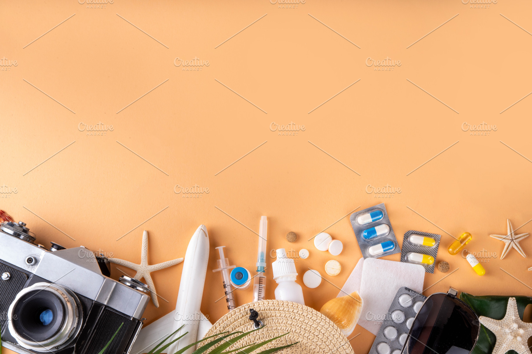 Summer holiday travel background including medications and vacat, a Health & Medical Photo by Rimma