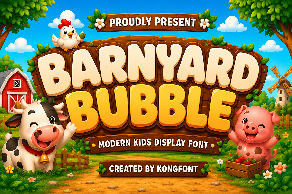 Barnyard Bubble - Kids Display Font, a Handwritten Font by overlaytemplates (Photo 1 of 5)