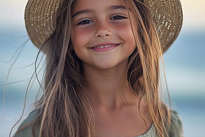 Smiling girl with long hair wearing a straw hat near the beach during sunset, a Person Photo by AlyaAnd