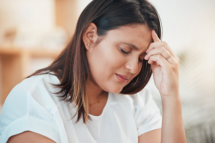 Woman, stress and headache about business fail while struggling with mental health and exhaustion. Migraine, deadline and stressed entrepreneur feeling overworked and stressed out in the workplace, a Photo by Peopleimages.com