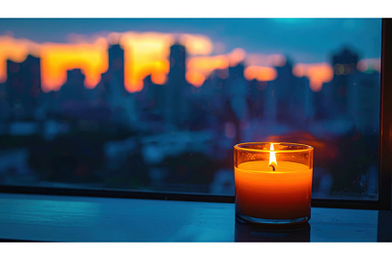 A candle in a glass burns brightly
