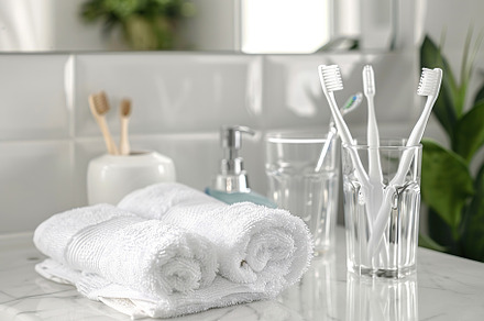 Bathroom table with toothbrushes in glass and white towel, a Health & Medical Photo by AlyaAnd