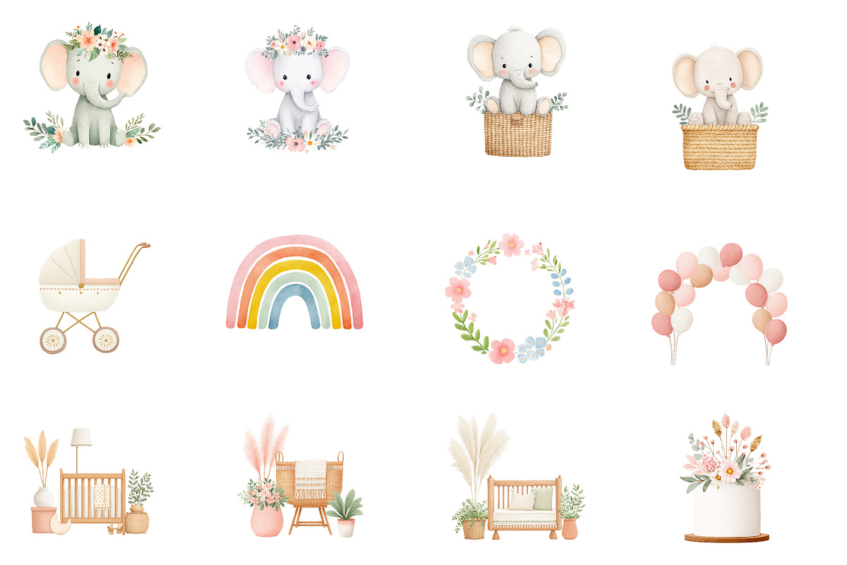 Watercolor Boho Baby Shower clipart, an Illustration by Designworld (Photo 3 of 4)