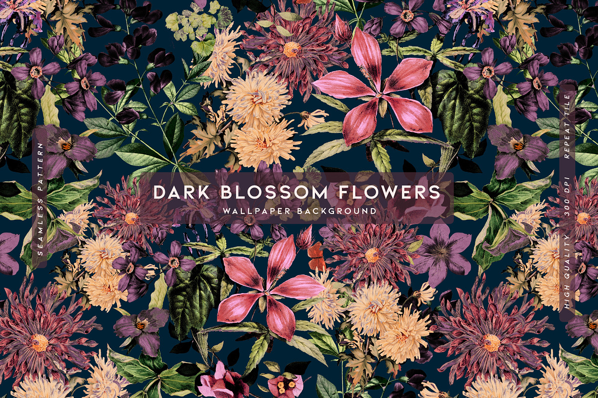 Dark Blossom Flowers Seamles Pattern, a Wallpaper Graphic by MalyskaStudio