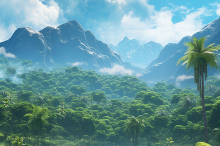 Tropical jungle with river and mountains under blue sky natural, a Photo by Dvoevnore photos