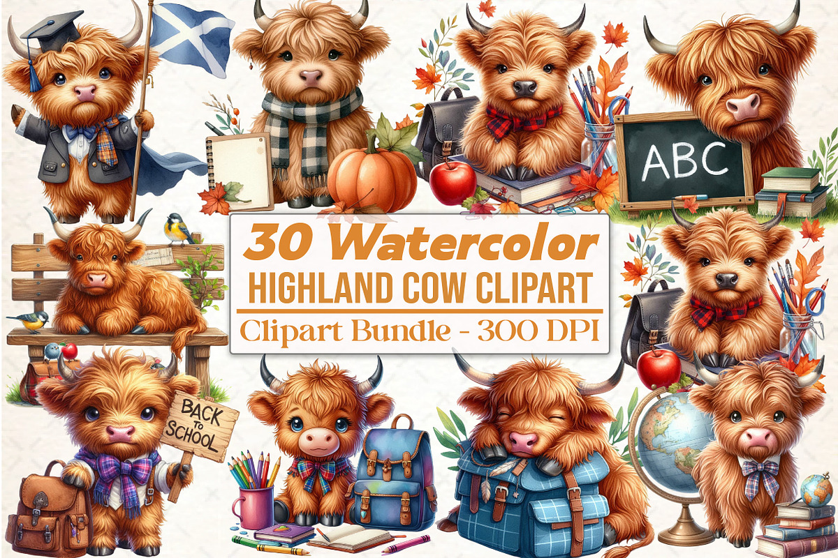 Back to School Highland Cow Clipart, an Illustration by DreamCafeArt (Photo 1 of 5)