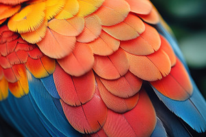 Bright and vivid feathers of a parro, a Photo by Tanuart