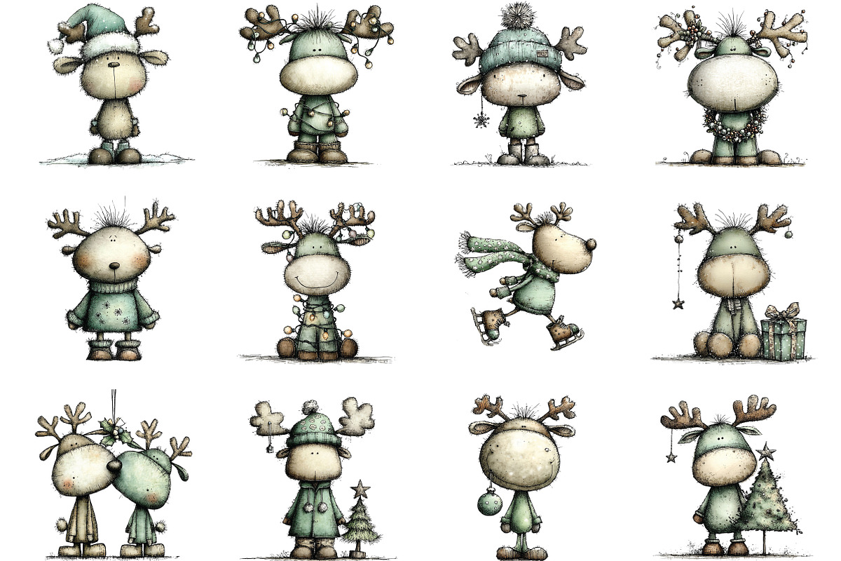 Whimsical Christmas Reindeer Clipart, an Illustration by CraftArtStudio (Photo 2 of 6)