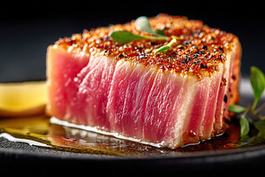 Beautifully seared tuna steak served on a black plate with herbs and lemon, a Food & Drink Photo by AlyaAnd
