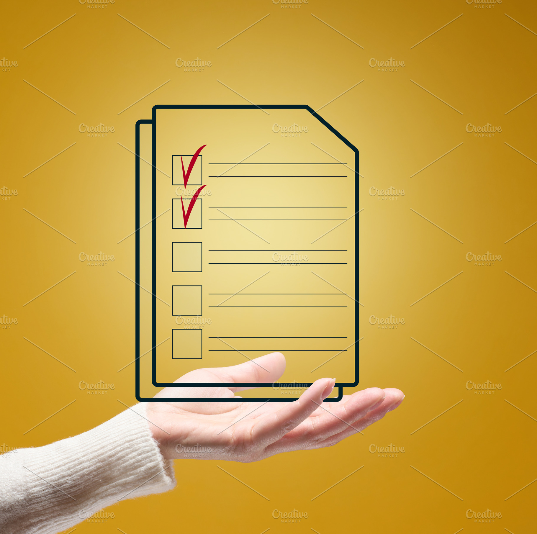 Female hand and document with check boxes on a yellow background, a Business Photo by ndanko
