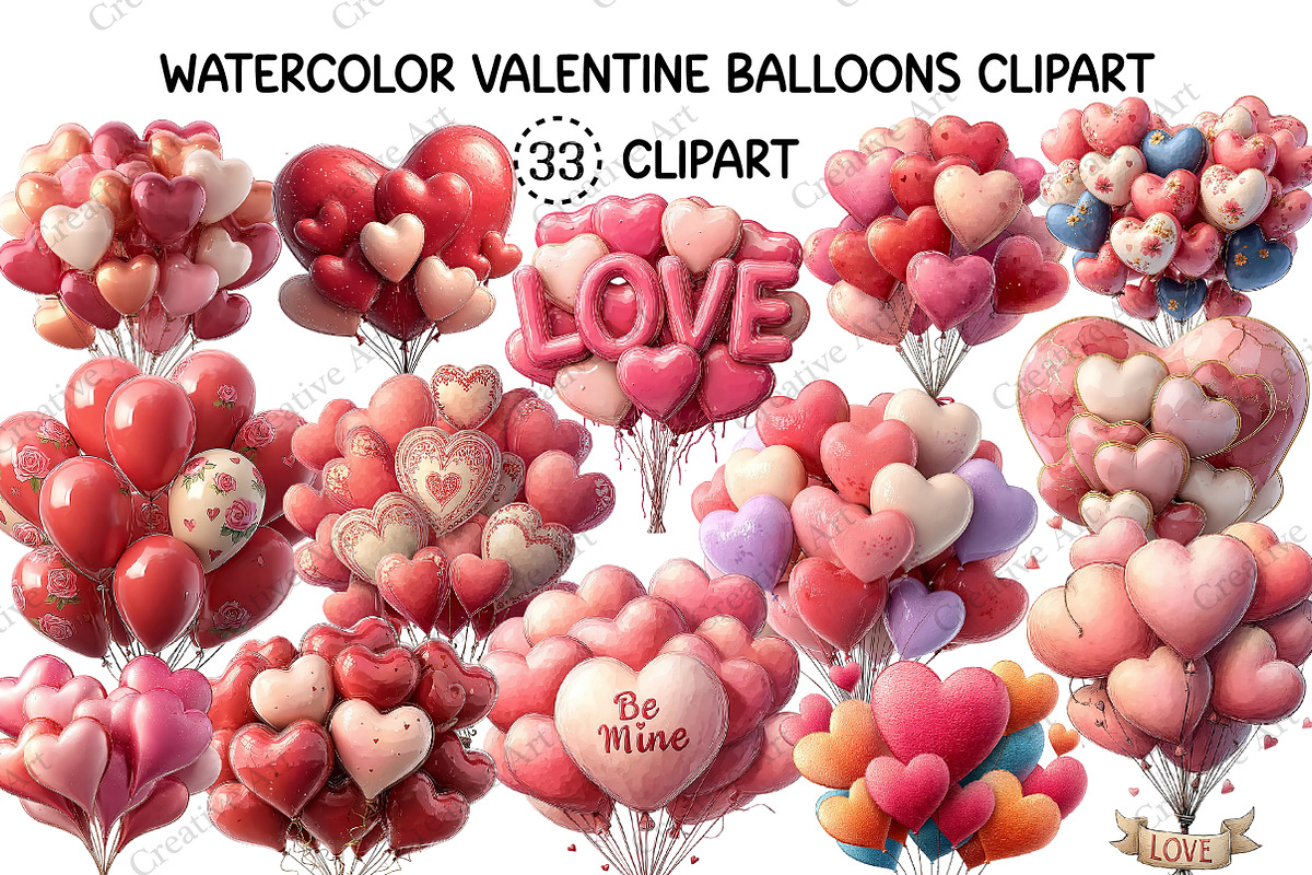 Watercolor Valentine Balloons Bundle, an Illustration by Creative Art (Photo 1 of 10)