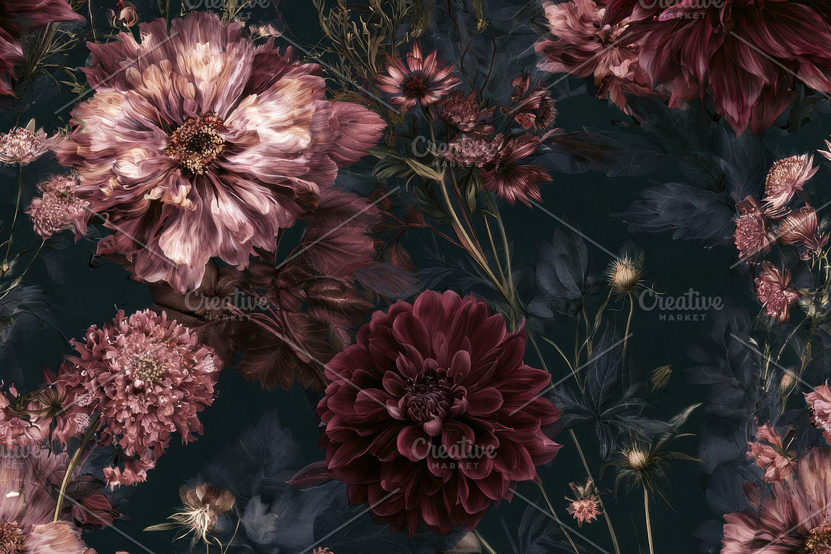 Scabiosa-Dahlia Seamless Pattern, a Pattern Graphic by Virgo Studio
