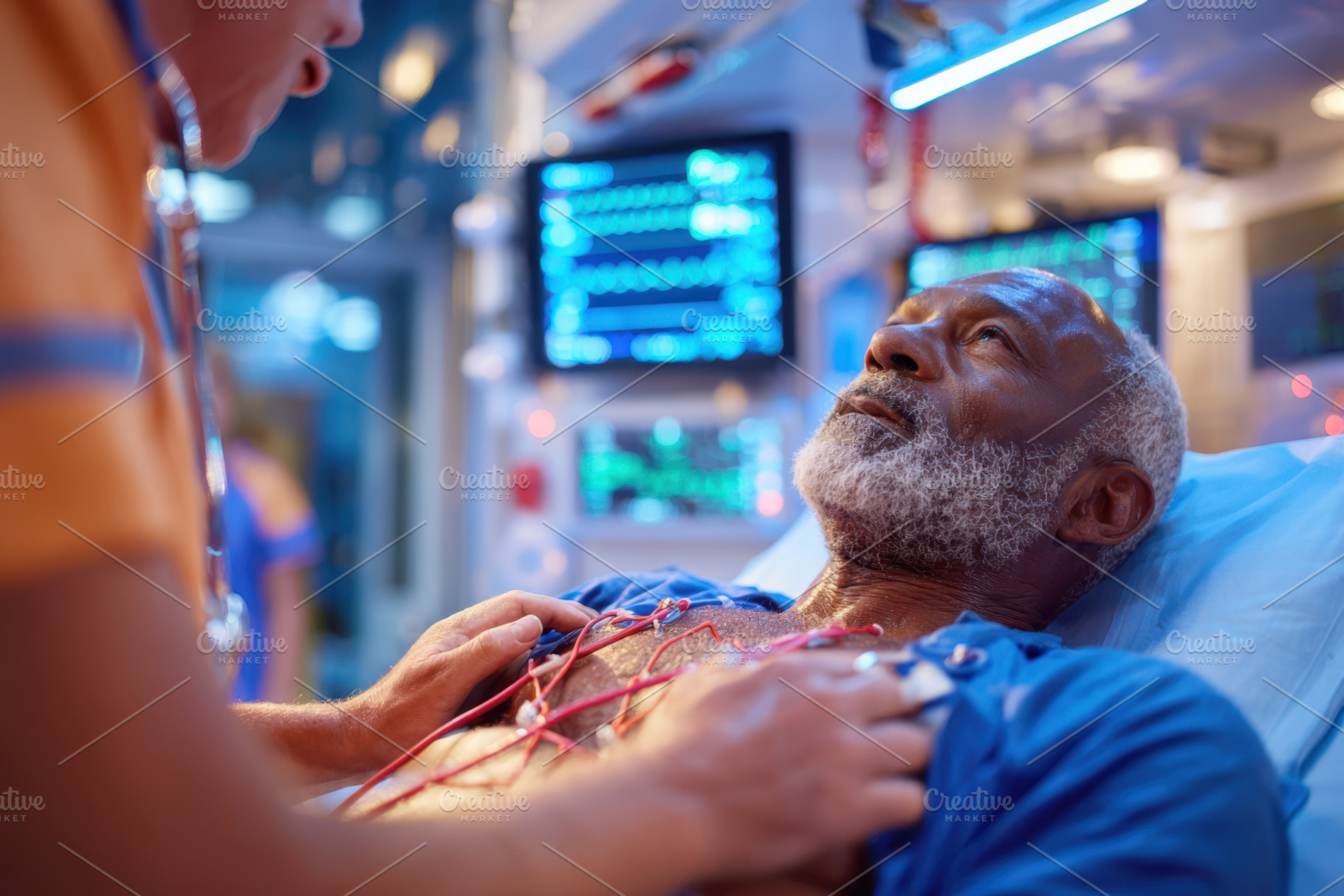 Patient receiving care in hospital with medical monitoring, a Health & Medical Photo by AlyaAnd