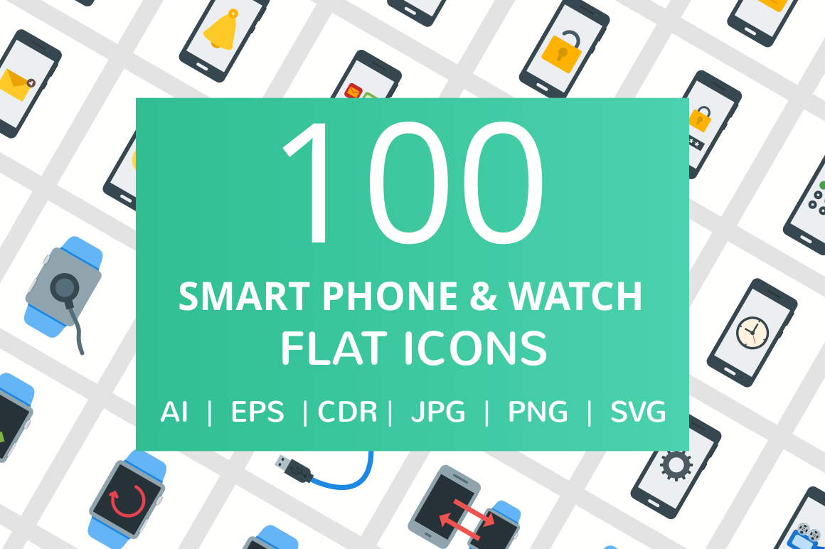 100 Smartphone & Watch Flat Icons, an Outline Icon by IconBunny