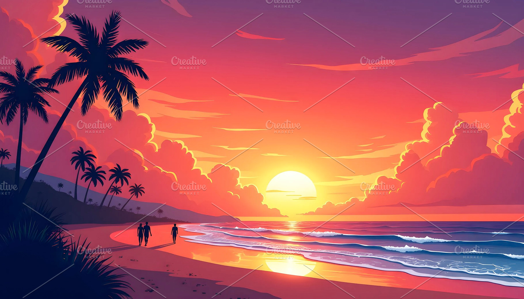 Vibrant Sunset Beach with Silhouette, a Photo by LOGOCREATIVE