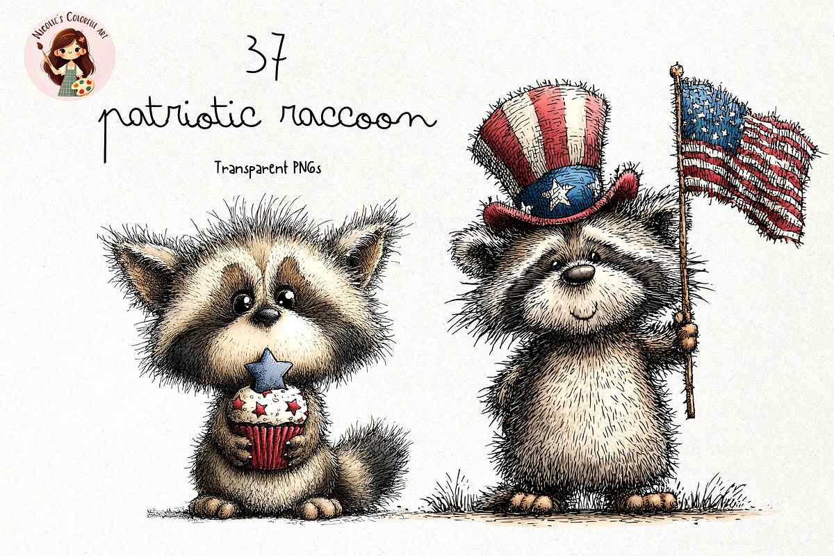 Patriotic Raccoon Watercolor Clipart, a Seasonal Illustration by Nicolle's Colorful Art (Photo 1 of 3)