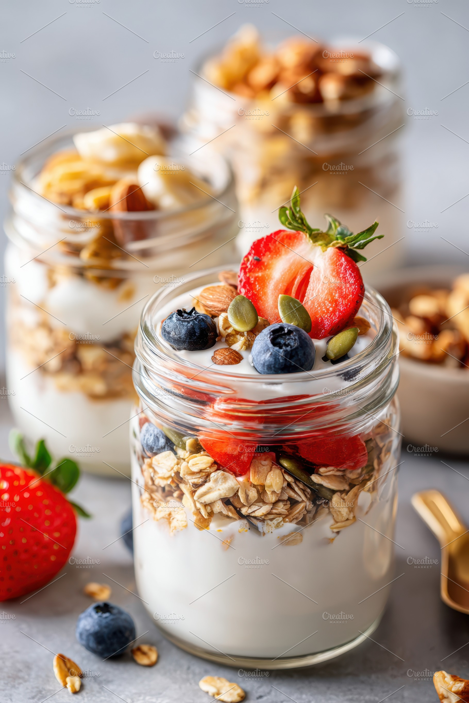 Layered yogurt parfait with fruits and granola, a Food & Drink Photo by AlyaAnd