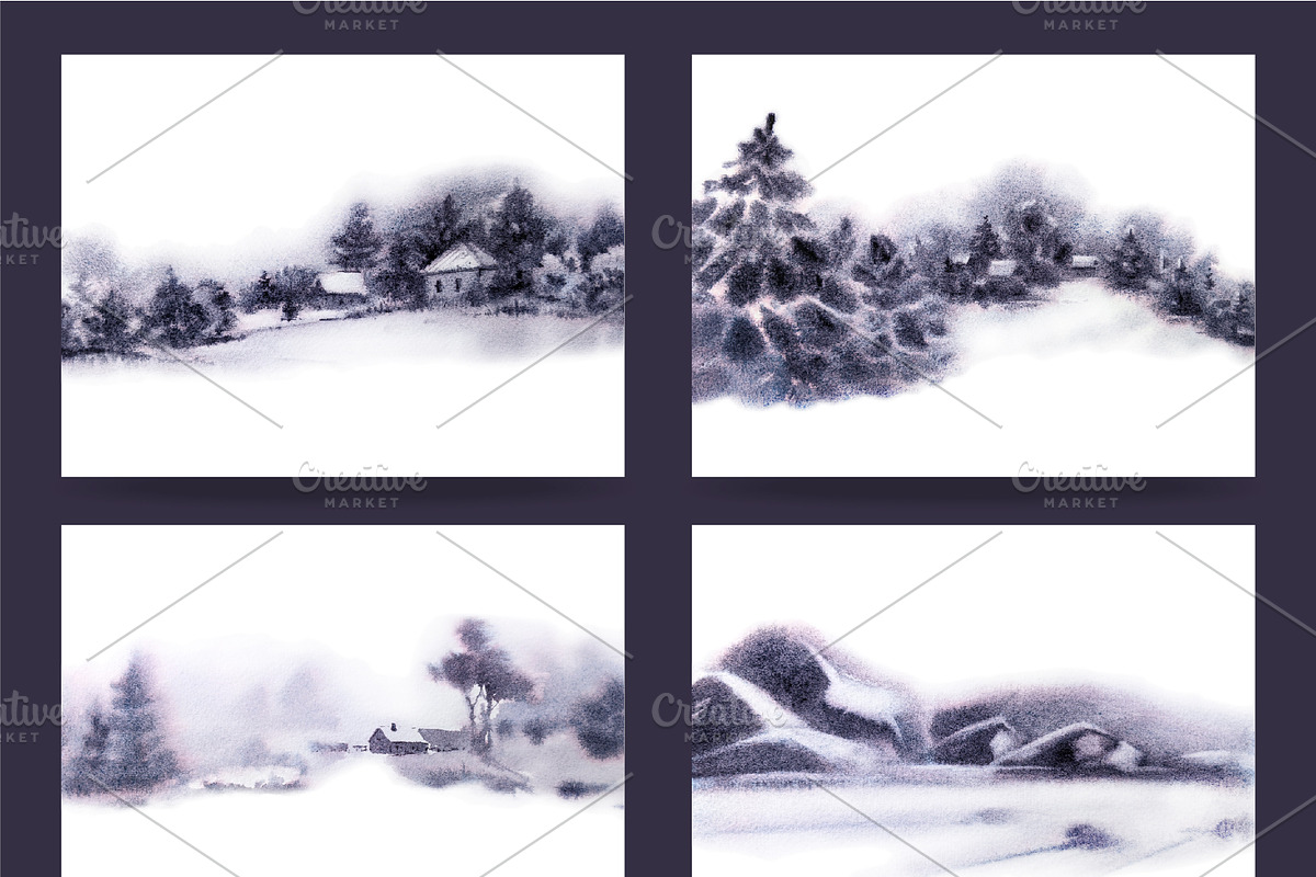 Watercolor Winter Landscapes Set, a Texture Illustration by Nuburu (Photo 5 of 14)