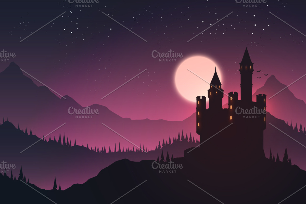 Castle In A Landscape At Night, an Object Illustration by Black White Mouse Design