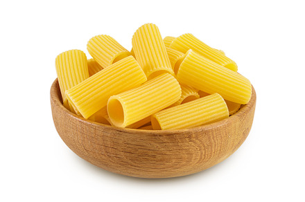 raw italian Rigatoni pasta in wooden, a Food & Drink Photo by NataPhoto