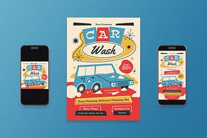 Red Mid Century Car Wash Flyer Set, a Flyer Template by Aiyari Graphic
