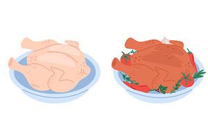 Raw and cooked chicken carcass on, a Food Illustration by Vectorbuum