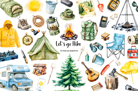 Watercolor camping clipart Hiking