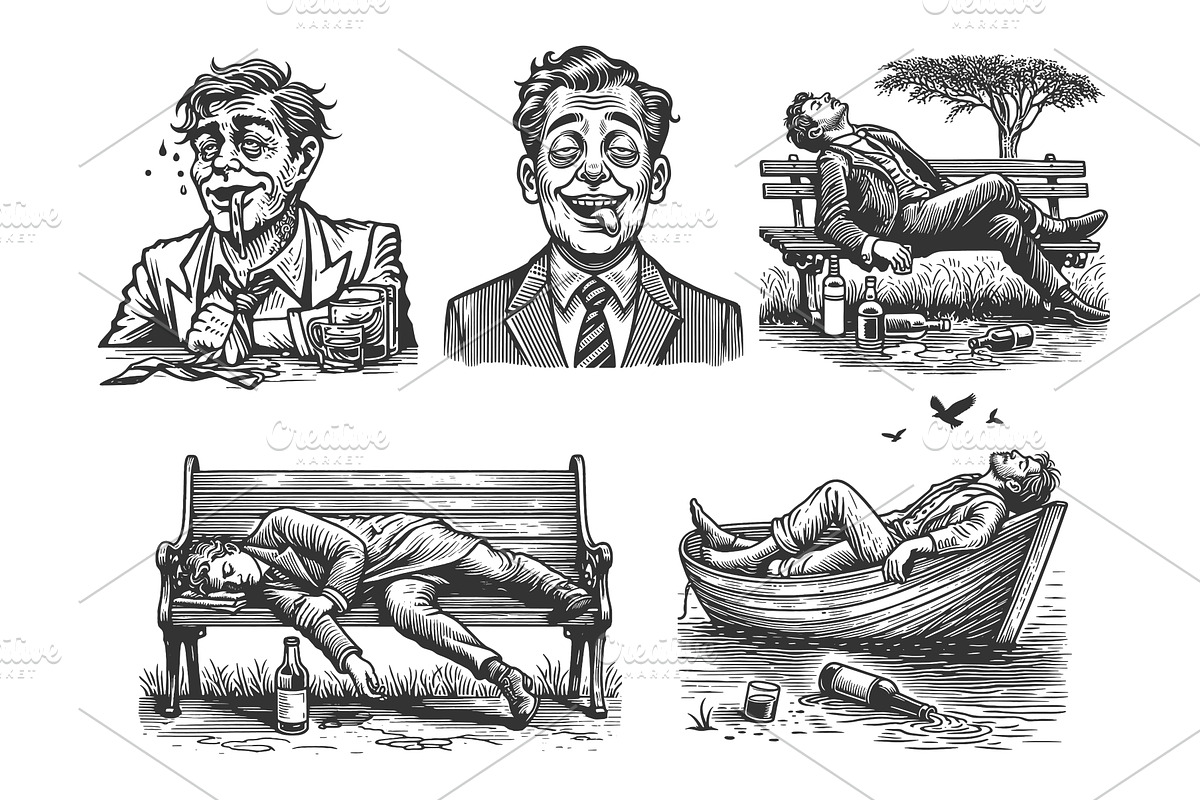 Drunk Men Passed Out engraving, a Food Illustration by AlexArt
