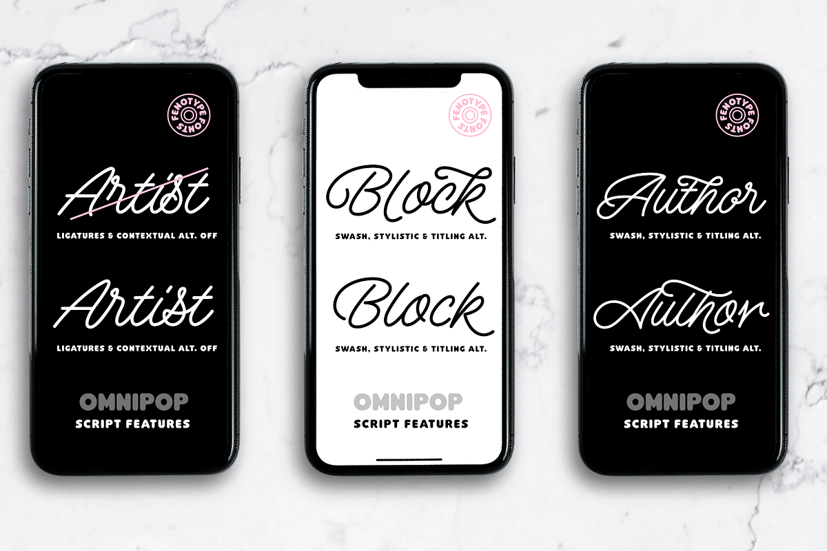 Omnipop Type Family Intro offer, a Script Font by Fenotype (Photo 8 of 12)