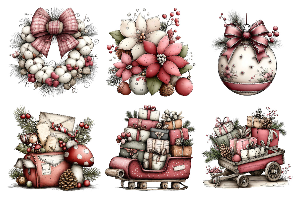 Watercolor Vintage Christmas Clipart, a Seasonal Illustration by Creative Art (Photo 4 of 7)
