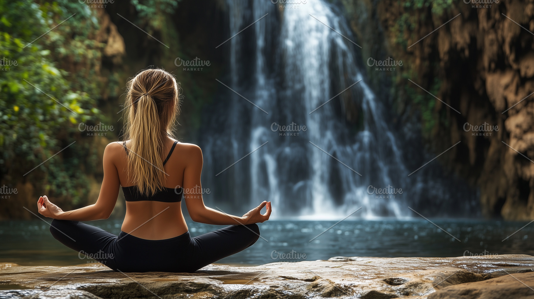 Woman meditating in front waterfall, a Sports & Recreation Photo by MistyDay