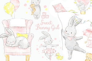 Sweet Bunny Girl Watercolor Clipart