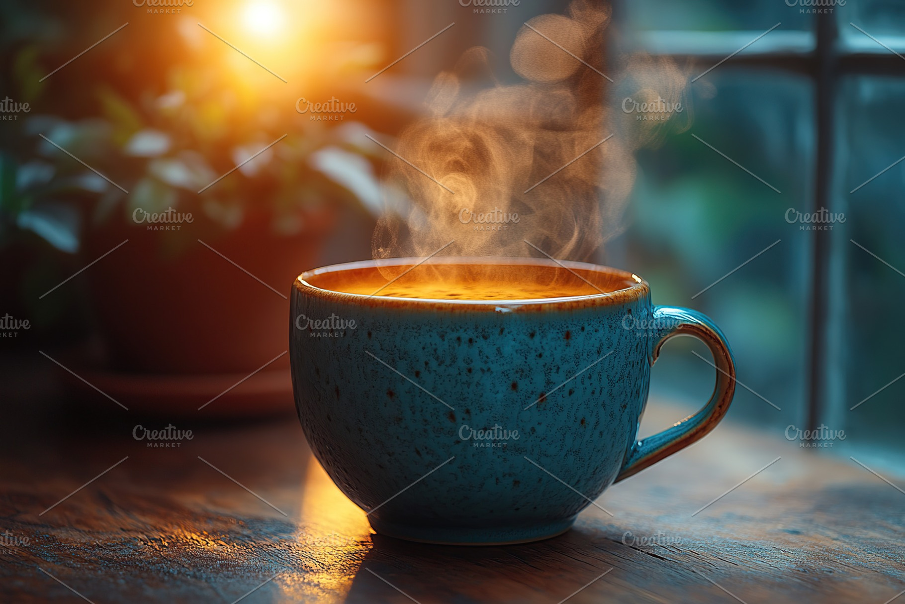 Steaming coffee from blue cup on wooden table, sunlights, a Food & Drink Photo by AlyaAnd
