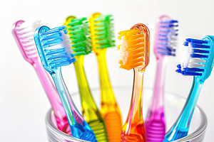 New toothbrushes in glass on white background, a Health & Medical Photo by AlyaAnd