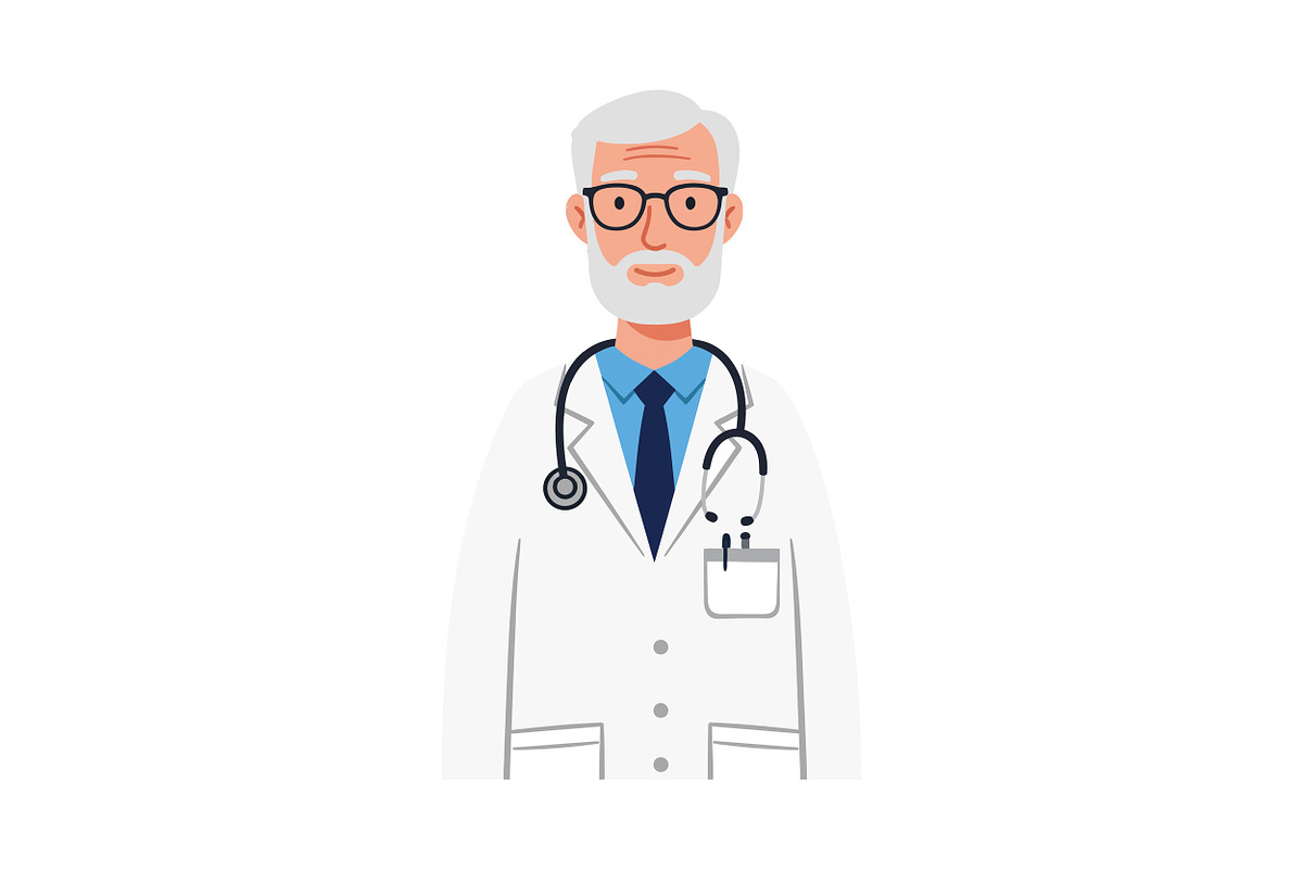 Elderly male doctor with glasses in, an Illustration by designvectx