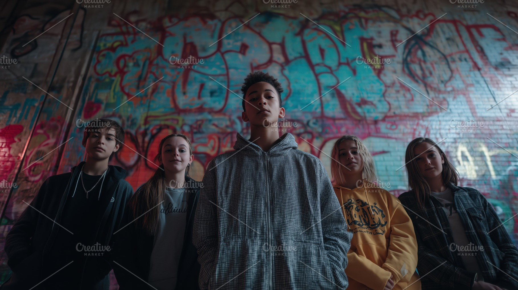 A group of five young people standing confidently in front of a colorful graffi, a Person Photo by Textures & Backgrounds