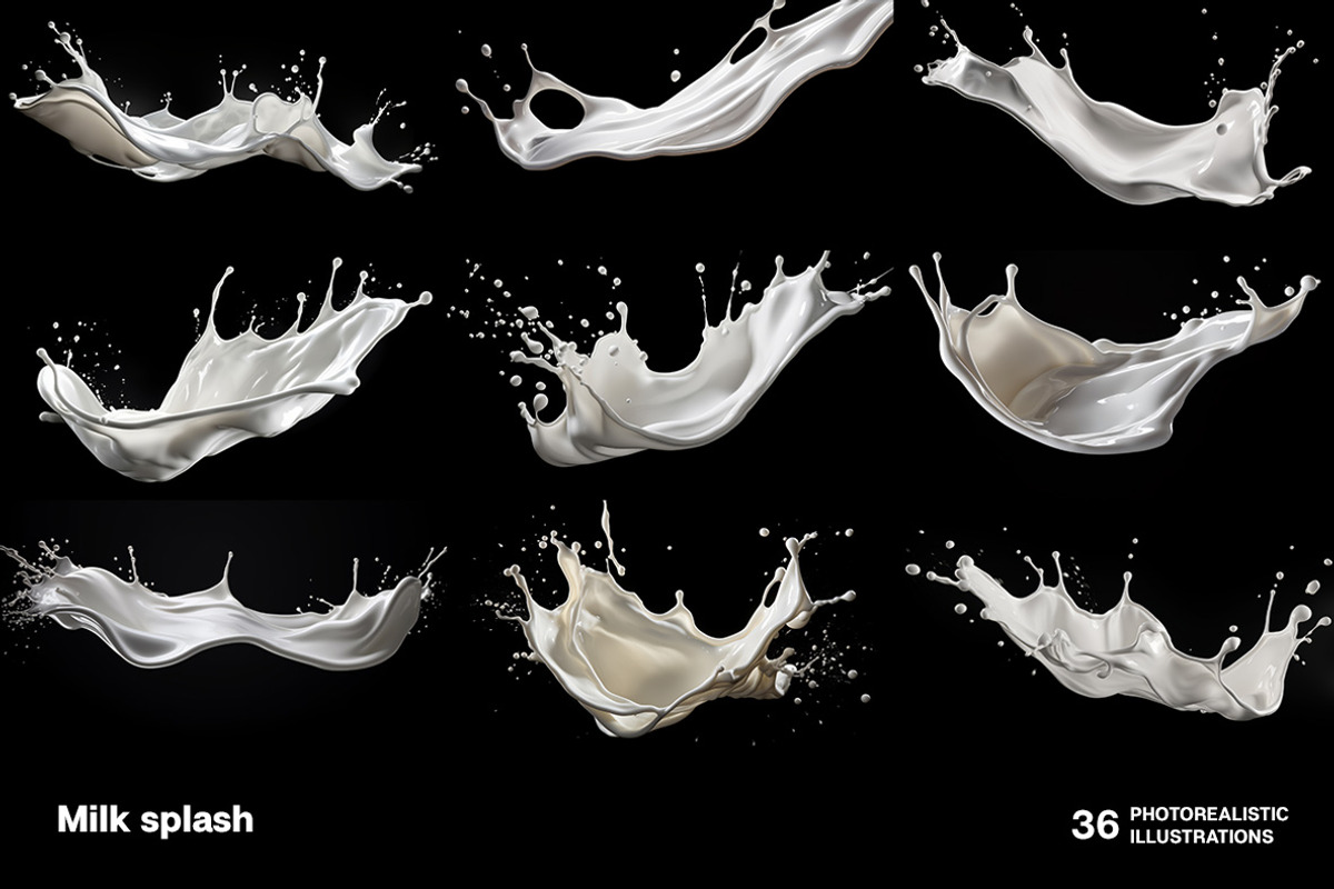 36 Milk Splashes on black background, an Object Illustration by Handmadefont (Photo 2 of 10)
