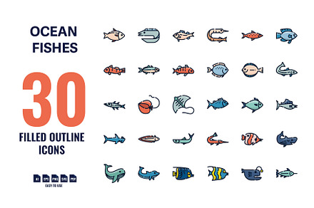 30 Ocean Fishes Filled Outline Icons